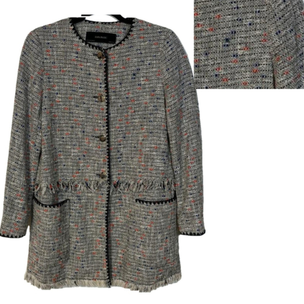 Zara Tweed Coat Women’s Size XS White Blue Tweed Fringe Hem Jacket Pockets